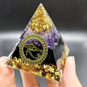 Crystal Carvings Obelisk Pyramid with Egyptian Eye Design, Obsidian and Amethyst Decorative Item for Office Desk, Unique Pyramid Decor