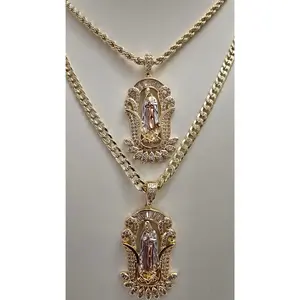 New Style 14k Gold Plated Virgen Mary White Stone Tri Color Pendant with Chain Cadena Virgen De Guadalupe