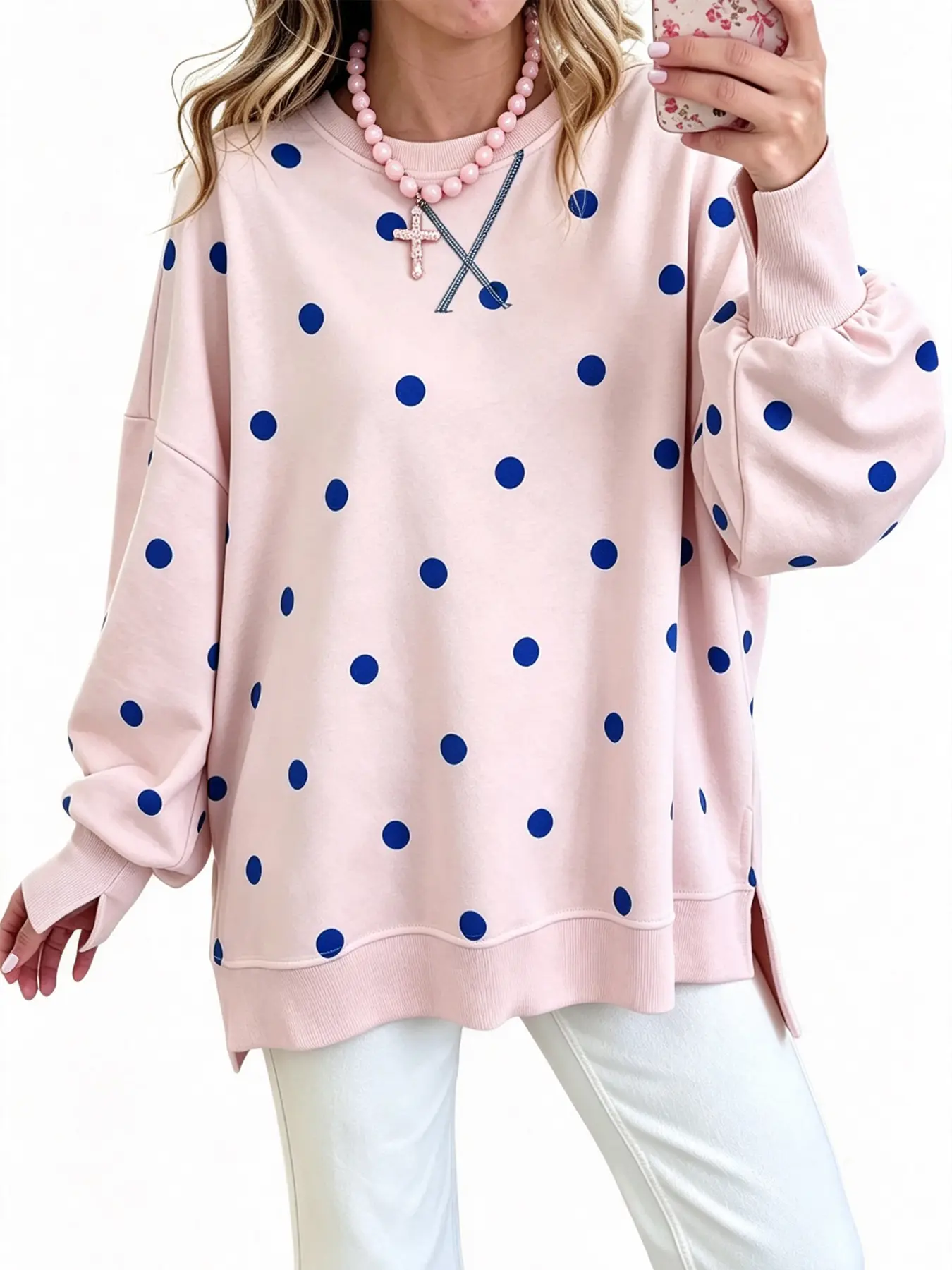 Oversized Polka Dot Sweatshirts for Women, Lantern Long Sleeve Crew Neck Casual Loose Side Split Pullover Tops, Cute Trendy Fall Fashion Blouses