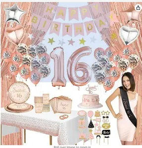 Rose Gold Sweet 16th Birthday Decorations with Photo Booth Backdrop, Plates, Napkins & Glass - Disposable Party Supplies for Unforgettable Celebrations Gifts