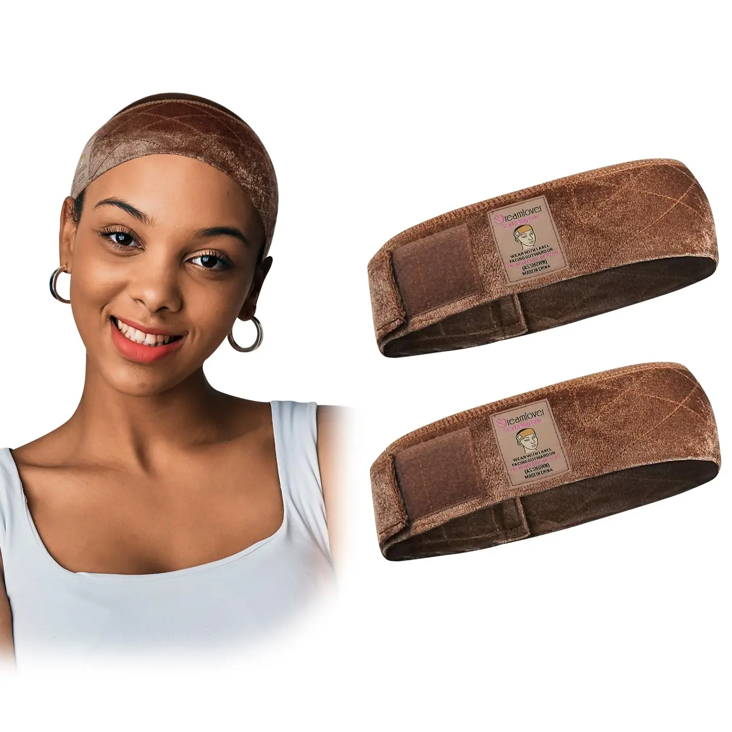 2-Pack Brown Velvet Wig Grip Anti-Slip Headband - No Glue Needed, Adjustable Hook & Loop, Hairline Protection, All-Day Wear for Hijab Use