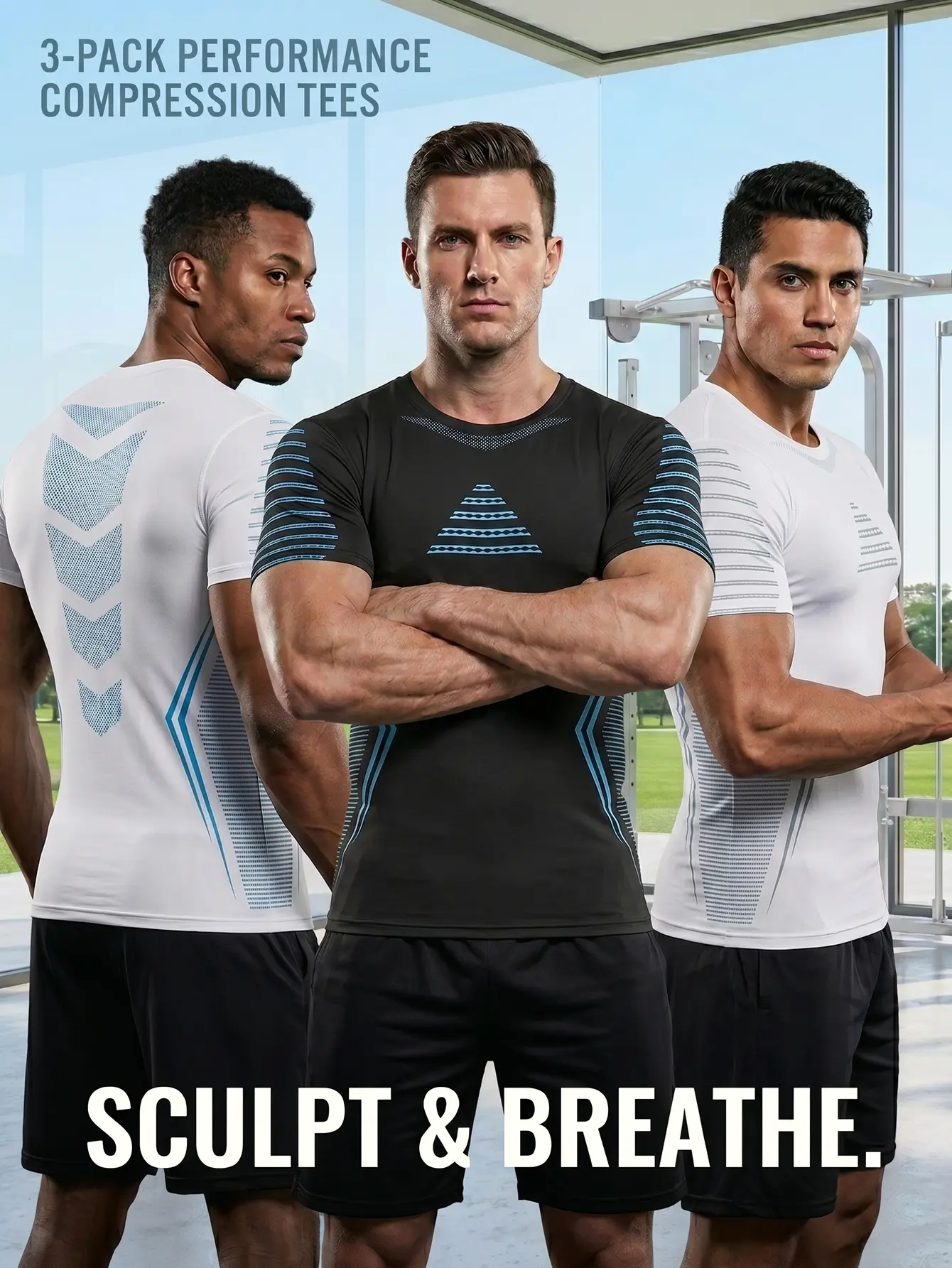 3-Pack Men's Aesthetic Gym Compression Shirts Sculpt & Breathe Short Sleeve Workout Tee Quick Dry Tech-Knit Performance Base Layer Athletic Training Undershirt Set