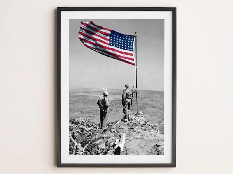 Colorized WWII Iwo Jima American Military Flag Photo Poster Print - Artistic Paper Wall Decor, Patriotic Gift for U.S. Marines, Multi-Size (8x10/12x18/16x24/17x17/24x36) with Tube Packaging, Home Wall Display Supply