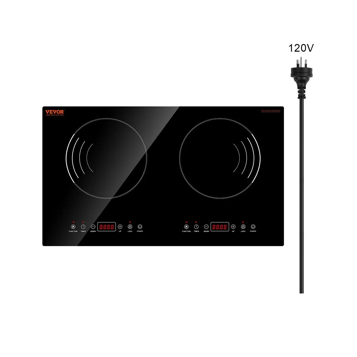 VEVOR 1800W Induction Cooktop, 2-Burner Touch Control Built-in Electric Countertop Stove with 9 Power Settings, Child Lock, Timer, Glass Surface, Indoor Use