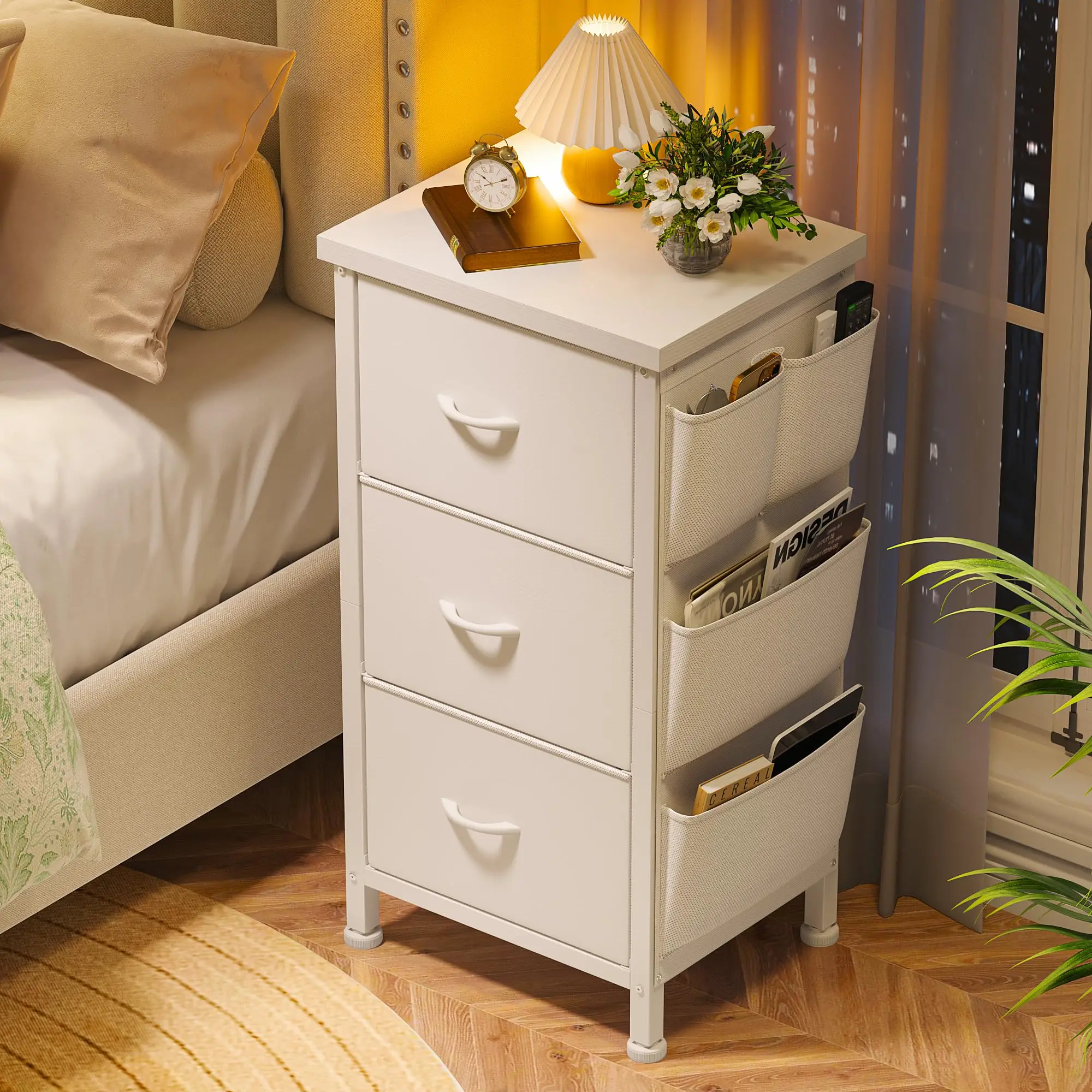 Raybee Furniture Night Stand with 3 Drawers for Bedroom, Bedside Table with Wooden Top, Sturdy Steel Frame End Table, Small Dresser for Bedroom, Livin