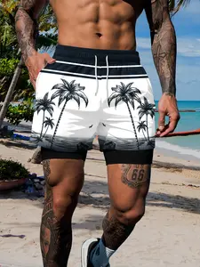 Men's Two-In-One Coconut Tree Print Beach Swim Trunks, Surfing Swimming Casual Vacation Wear, Fitted Drawstring Waist, All over Print
