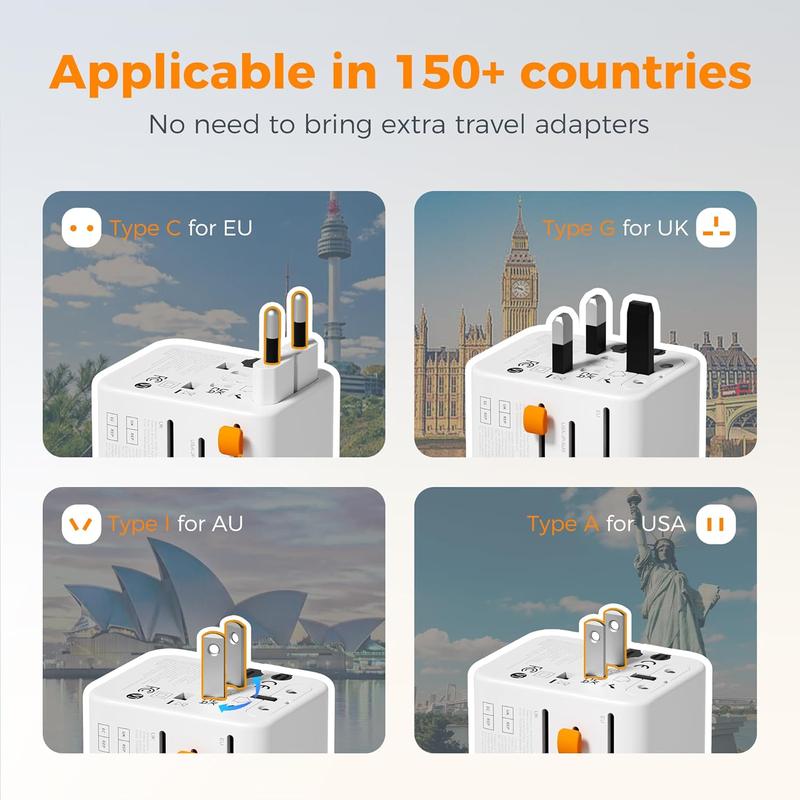 F-APT33  Universal Travel Adapter, Power Adapter Worldwide with Extra 2 Prong AC Outlet, 4 USB Ports (2 USB C), International Plug Adaptor for US to Europe Italy UK Australia Ireland (Type C G A I)
