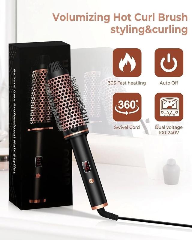 1.5 Inch Heated Round Brush with Negative Ions, 3-in-1 Curling Blowout Brush for All Hair Types