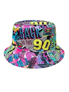 Abstract Graffiti Back90s Colorful Print Fisherman Hat, Reversible Sun Hat, Foldable Fashion Bucket Hat for Outdoor Travel & Parties
