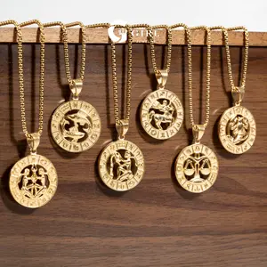 GGRIL Trendy 18K Gold Plated Stainless Steels 12 Month Zodiac Sign Pendant Necklaces for Men Women, Unique Personlized Hip Hop  Fashion Jewelry Gifts for Holiday Birthdays Anniversaries Various Festivals Occasions