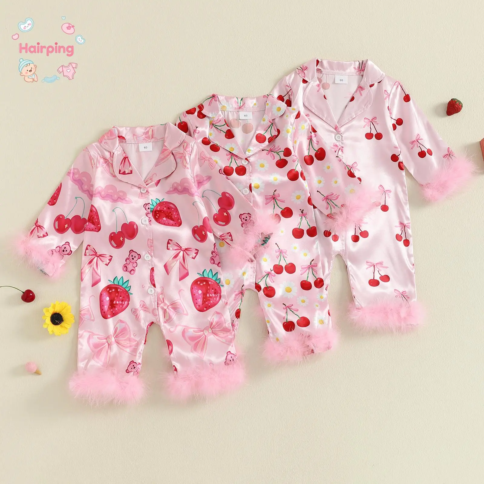 Baby Girls Satin Pajamas, Long Sleeve Turn Down Collar Cherry Printed Furry Cuffs Hem Sleepwear, Sweet Newborn Outfit Set, Breathable & Adorable for New Arrivals