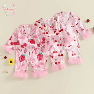 Baby Girls Satin Pajamas, Long Sleeve Turn Down Collar Cherry Printed Furry Cuffs Hem Sleepwear, Sweet Newborn Outfit Set, Breathable & Adorable for New Arrivals
