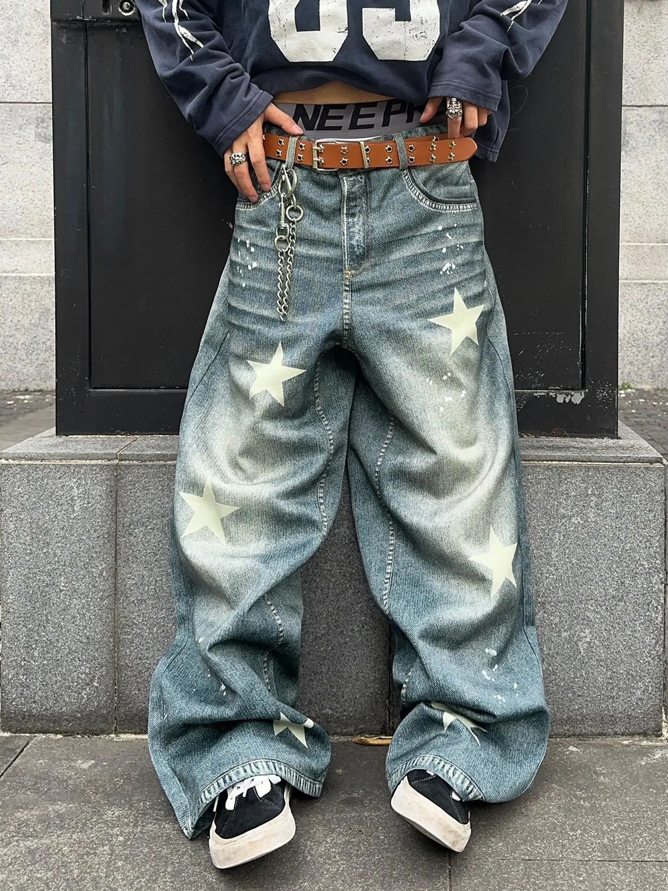 Men's Star Patched Denim Effect Print Pocket Wide Leg Pants, Loose Street Fashion Casual Pants for Daily Wear, Men's Bottoms for All Seasons, Casual C