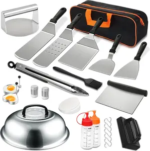 29-Piece Grill Accessory Set, Professional Hibachi Flat Outdoor/Patio BBQ Tools, BBQ Accessories, Outdoor Cast Iron Skillet for Burgers and Meat Patties, Great Father’s Day Gift for Dad / BBQ Accessory Gift Set