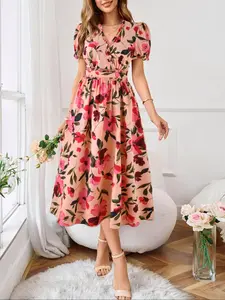 Women's Floral Print  Dress,   Fashion Casual  Short Sleeve Dress for Daily Holiday Vacation Wear, Ladies Dress for All Seasons, Boho Fit Casual, Casual Boho Bohemian