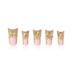 WIPUP Press On Nail Golden Set - 10 PCS Handmade Acrylic Fake Nails with Sparkly Rhinestones & Toolkit for Easy Application - Premium Quality Duck-Shaped & Long Square Sizes