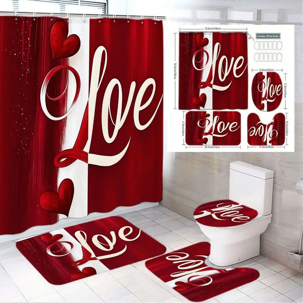 4pcs Romantic Burgundy Red "Love" Shower Curtain Set with Elegant Cursive Text and 3D Hearts, Complete Bathroom Decor Including Bath Mat, Contoured Toilet Mat, and Toilet Lid Cover - Perfect for Valentine's Day Love Theme
