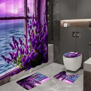 1/4pc Purple Lavender Pattern Bathroom Set with Seaside Window Sill, 4-piece set includes shower curtain, non-slip floor mat, toilet U-shaped cushion, toilet seat cushion, with shower curtain hook, belongs to bathroom decoration products