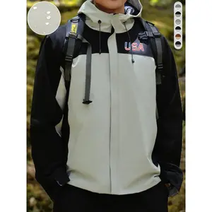 Unisex Colorblock Patchwork Graphic Zip Up Hooded Jacket, Casual Long Sleeve Drawstring Pocket Windproof Waterproof Outerwear for Outdoor Activities, Fashion Unisex Clothes for All Seasons