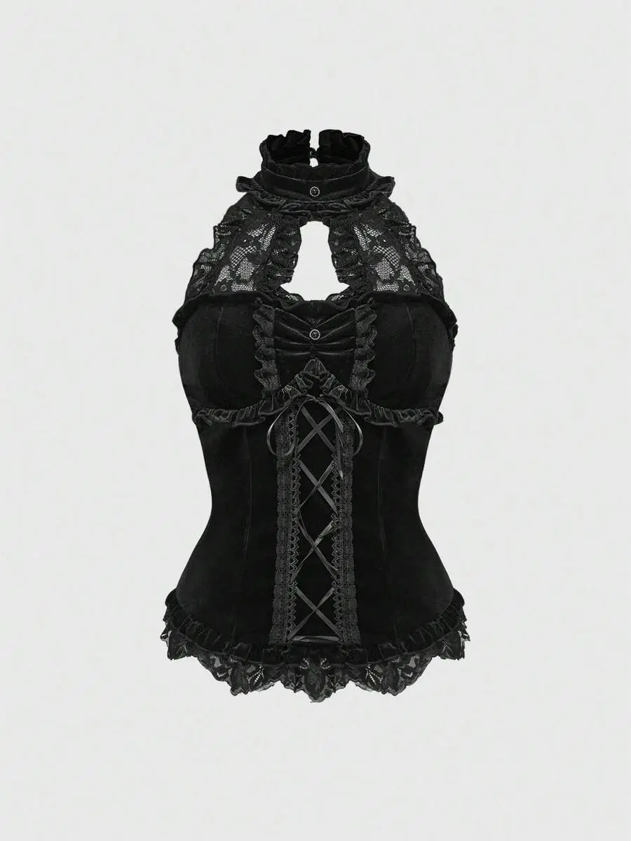 Fairycore Goth Velvet Lace Patchwork Camisole Stand Collar Tie Waist Elegant Women Top