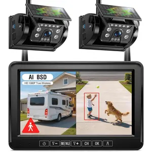 Dual Magnetic Solar Wireless Backup Camera, 7" DVR Monitor with BSD HD 1080P Portable 2 Rear View Cameras Night Vision Waterproof for Truck Trailer Pickup RV Camper Trailer Tractor DTC702