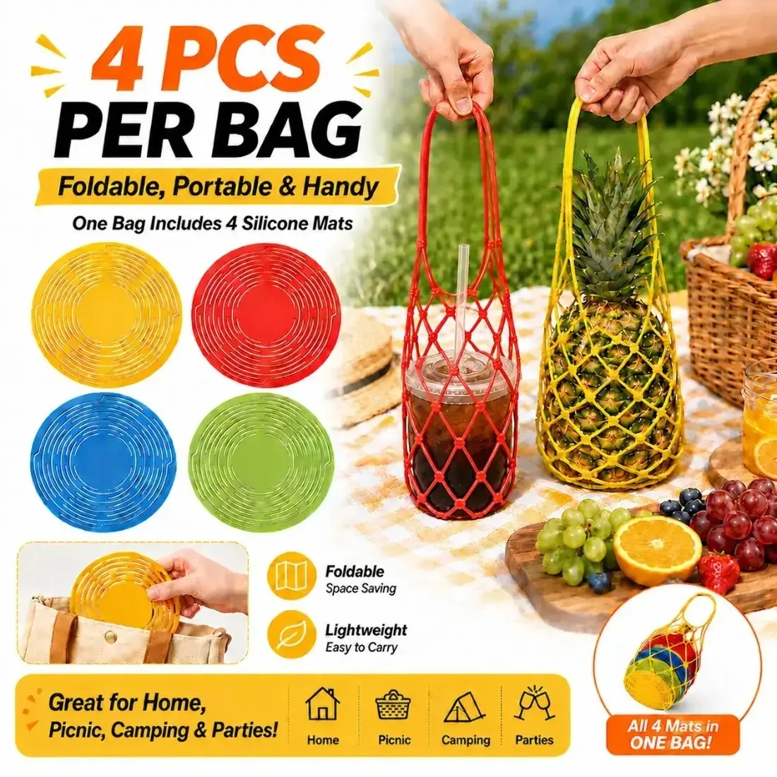 Collapsible Silicone Bottle Tote, Mesh Handheld Carrier for Fruit & Drink, Picnic Travel Gift Set with 4 Reusable Bags, Airtight, Leak‑Proof Carry
