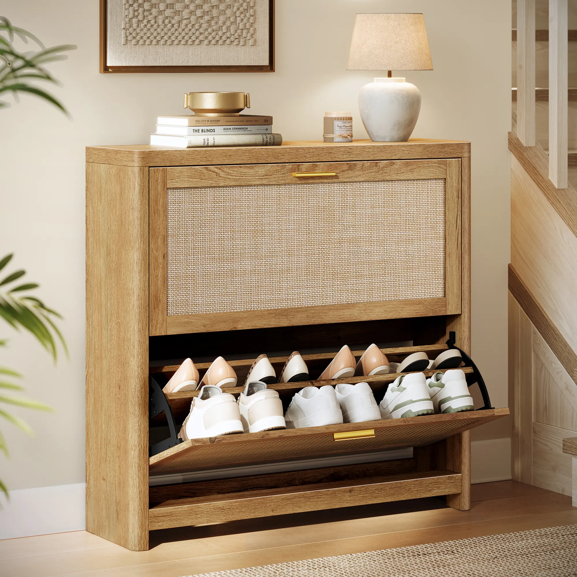 VASAGLE Boho Slim Entryway Shoe Storage Cabinet Organiser, Customizable Rattan-Look Flip Drawers, Rounded Corners, Narrow for Entrance