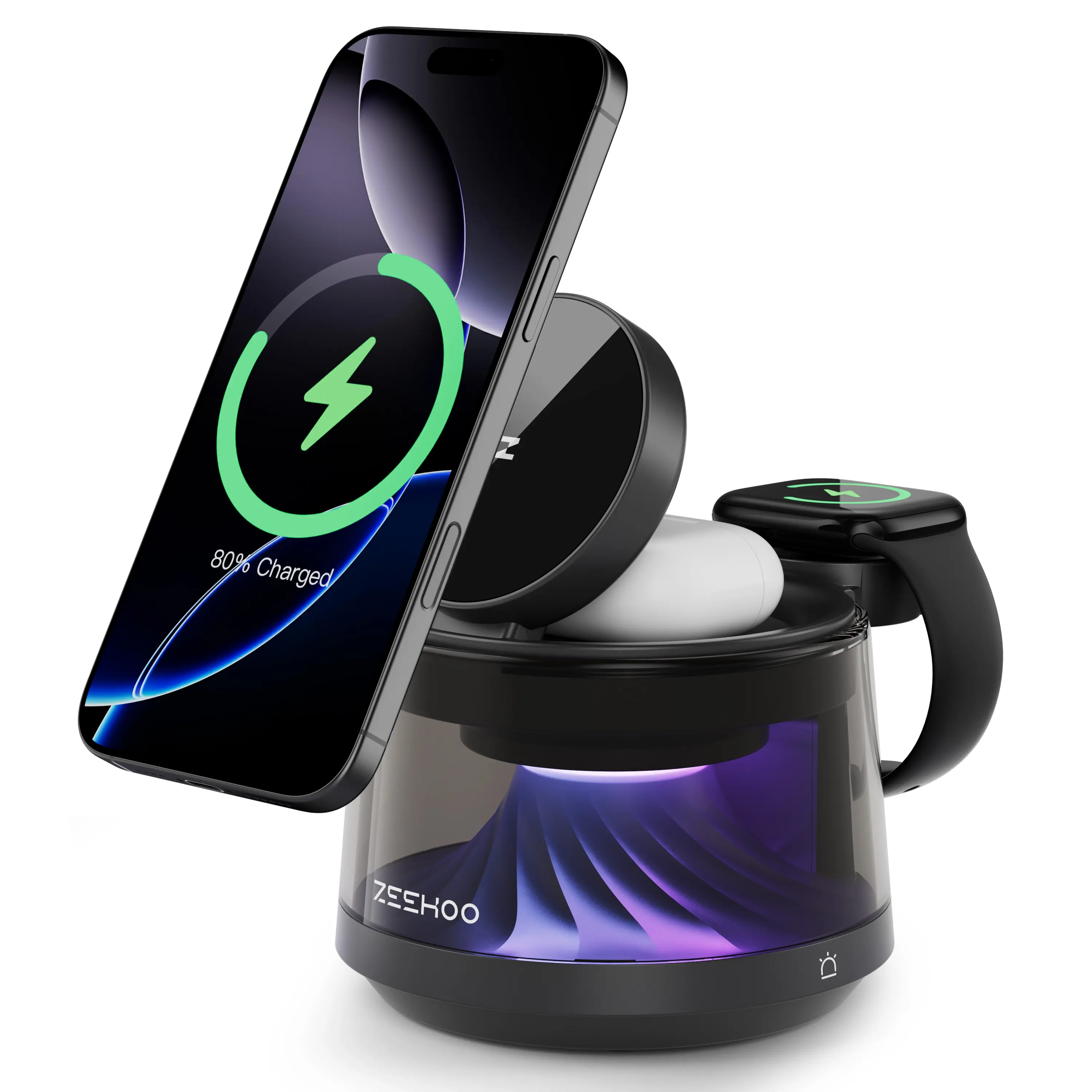 ZEEHOO 4-in-1 Wireless Charging Station with Premium Design and Ambient Lighting, Qi2 15W Fast Wireless Charger, Compatible With Apple iPhone&AirPods&Apple Watch, Christmas Gift for men/women