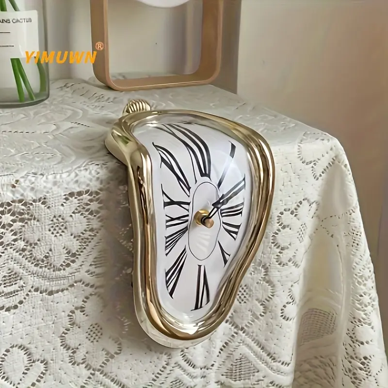 Luxury Surreal Melted-Twisted Roman Numeral Analog Wall Clock, Surrealism Design Wall-Mount Home Decor, Multicolor Black Distorted Home Supplies Accessory with Snooze Function