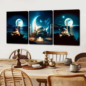 3 Counts Wooden Framed Canvas, Mosques Under Moonlight Posters, Exquisite Poster, Perfect Living Room Decoration, Modern Art, Fashion Family Poster, Wall Art Decoration, Waterproof, Artwork