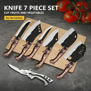 All-in-One Kitchen Knife 7 Set Antique Embossed Handle Ultra Sharp Forged Blade Heavy Duty Butcher & Fruit Knife Set For Home Kitchen Butcher Knife Boning Knife Paring Knife Kitchen Scissors For Daily Cooking