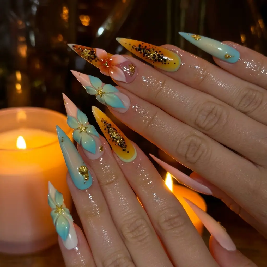 (MTO) BubbleNailArt Tropical Sunset 3D Flower Long Stiletto Press On Nails Gold Charm Handmade Reusable Fashion Hand Accessories
