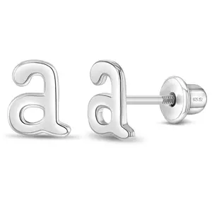 Polished Initial Letter Kids / Children's / Girls Earrings Screw Back - Sterling Silver