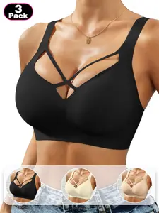 3-Pack Lace-Up Wireless Everyday Bras, Seamless Comfort Support, Smooth, Adjustable Straps, Plunging Design, Medium Support, Fit, All Seasons Wear Underwear, Wirefree Bras