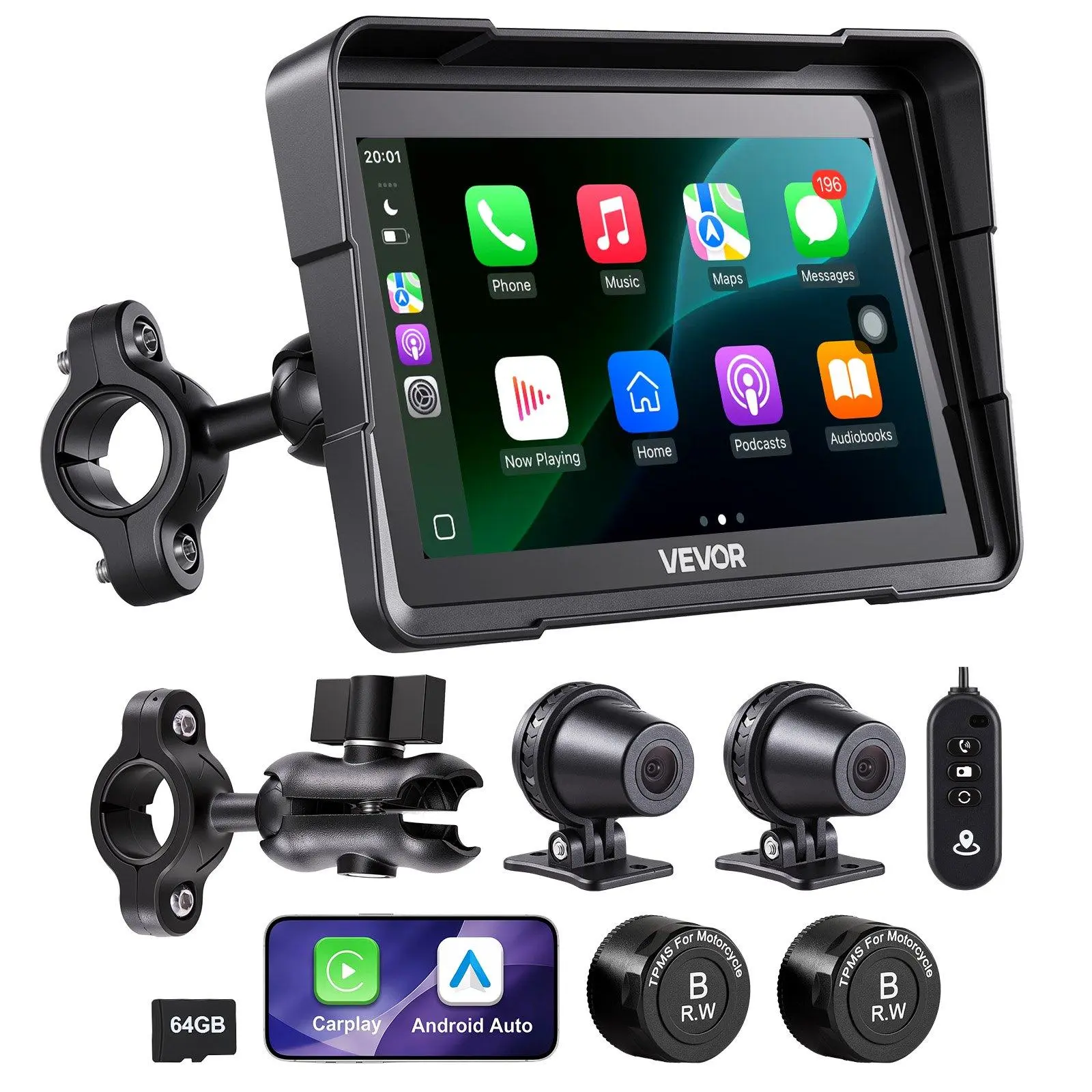 VEVOR 7 Inch Wireless Motorcycle Carplay with Apple Carplay & Android Auto, HD Touchscreen GPS Navigation System with Dual Cameras & Bluetooth, TPMS, Voice Control, 64GB Card - Fits All Motorcycles