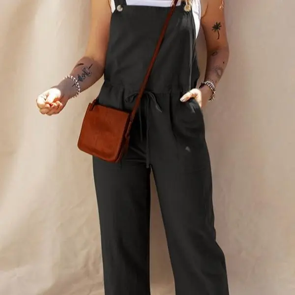 Black Drawstring Buttoned Straps Cropped Overall - All Seasons Versatile Modern Fit Adjustable Comfort Secure Closure Casual Wear Everyday Women's Fitted Basic Piece