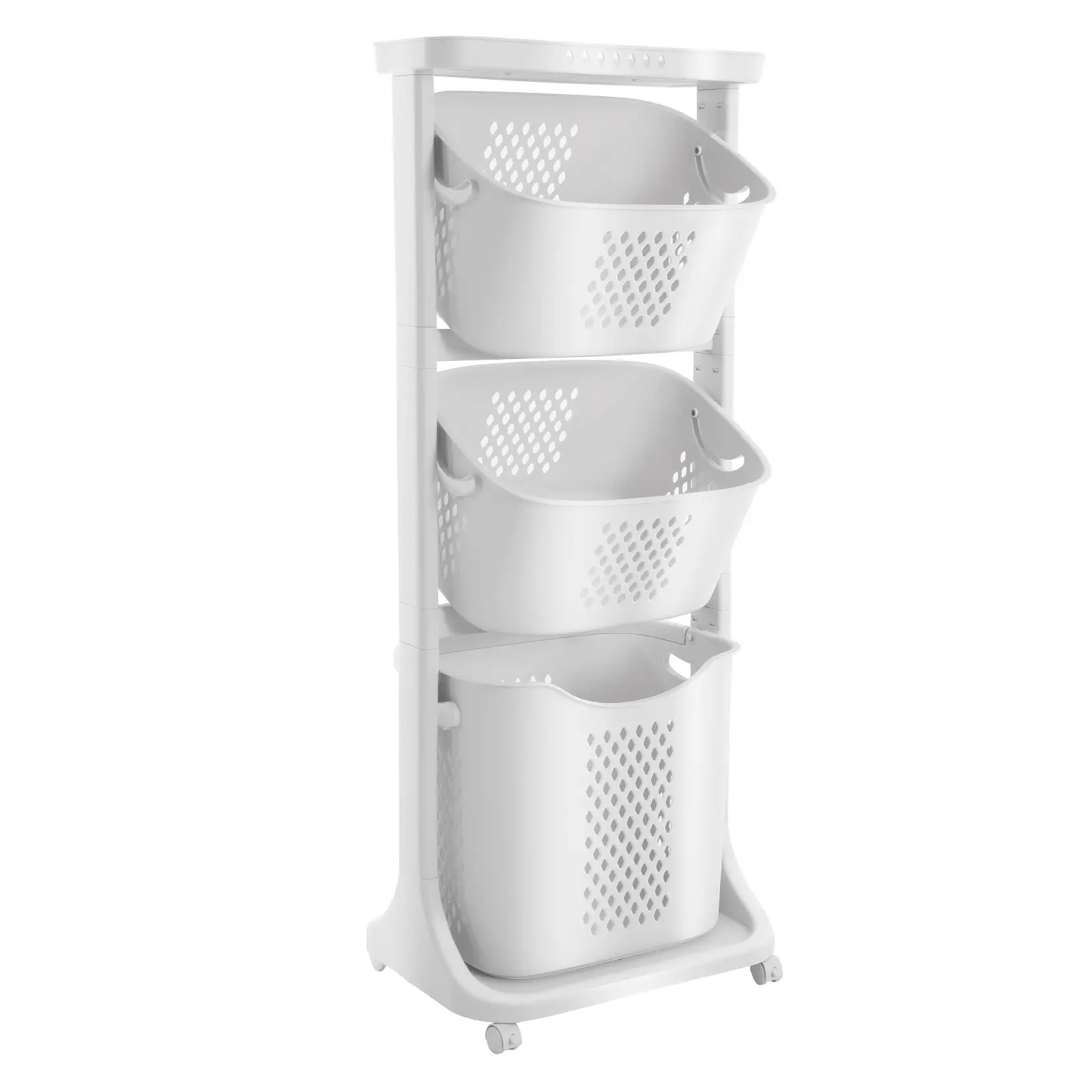 Three-tier modern PP laundry basket, hollow and breathable design with locking casters, large capacity for sorting and storage, suitable for bedroom, bathroom, and laundry room, versatile and easy to assemble—a great household item.