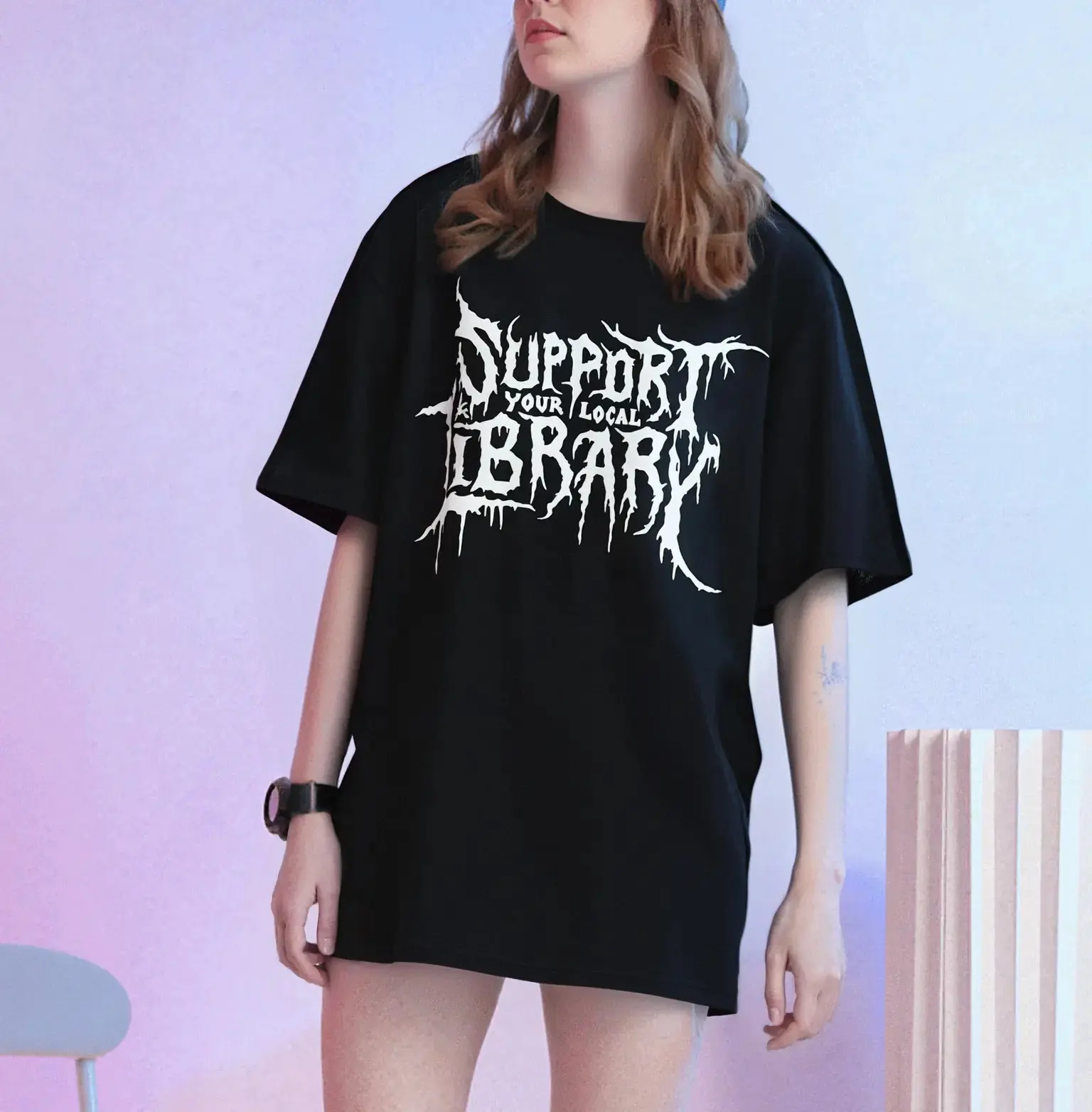 100%cotton Death Gothic Print Support Your Local Library Style Lovers T-Shirt Menswear Top Vintage Distressed