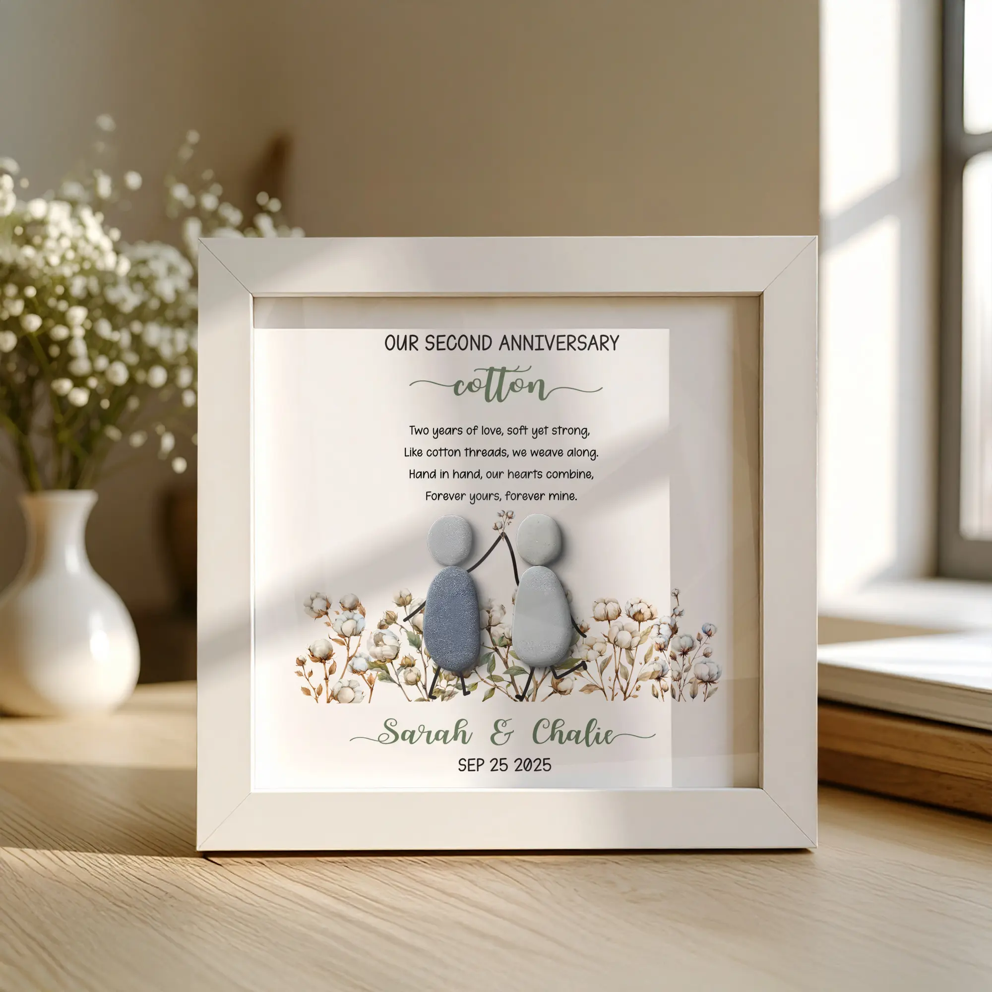 Personalised Valentine 2nd Cotton Anniversary Pebble Frame, For Boyfriend, For Husband, 2nd wedding Anniversary Frame Gift For Him, Her, Wedding Decor