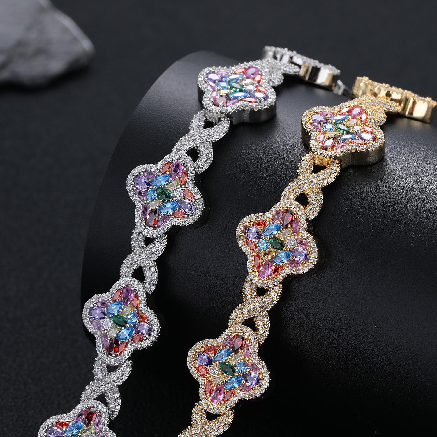 QUEENDO Elegant Classic 4-Leaf Clover Star Bracelet - Copper Base, Multi-Size, Multi-Color Pave Metallic Rhinestones, Unisex Daily Wear Jewelry for Women, Birthday Valentine’s Day Gifts, 4-Leaf Clover Bracelets & Bangles, Plants, Four Leaf Clover Bracelet