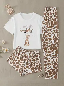 Women's Giraffe Print Short Sleeve Tee & Shorts & Pants Pyjama, Casual Comfy Round Neck T-Shirt & Shorts & Trousers PJ Set, Ladies Sleepwear for All Seasons, Loungewear, Pajama Shorts Set