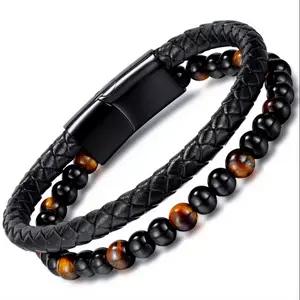 Men's bracelet, made with natural stone beads, double-layered leather cord, and stainless steel magnetic clasp; a stylish and creative Christmas gift for men.