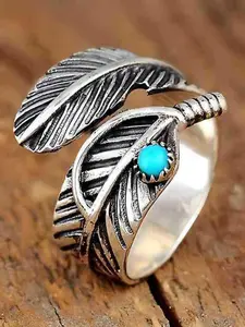 Vintage Feather Design Cuff Ring, Boho Style Turquoise Decor Adjustable Open Ring for Women & Men, Fashion Jewelry Accessories for Party, Daily Decor