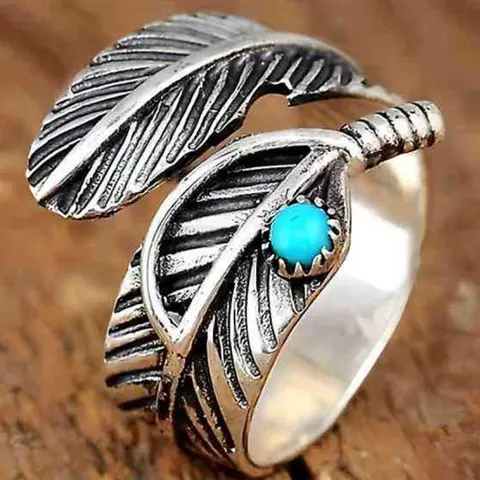 Vintage Feather Design Cuff Ring, Boho Style Turquoise Decor Adjustable Open Ring for Women & Men, Fashion Jewelry Accessories for Party, Daily Decor