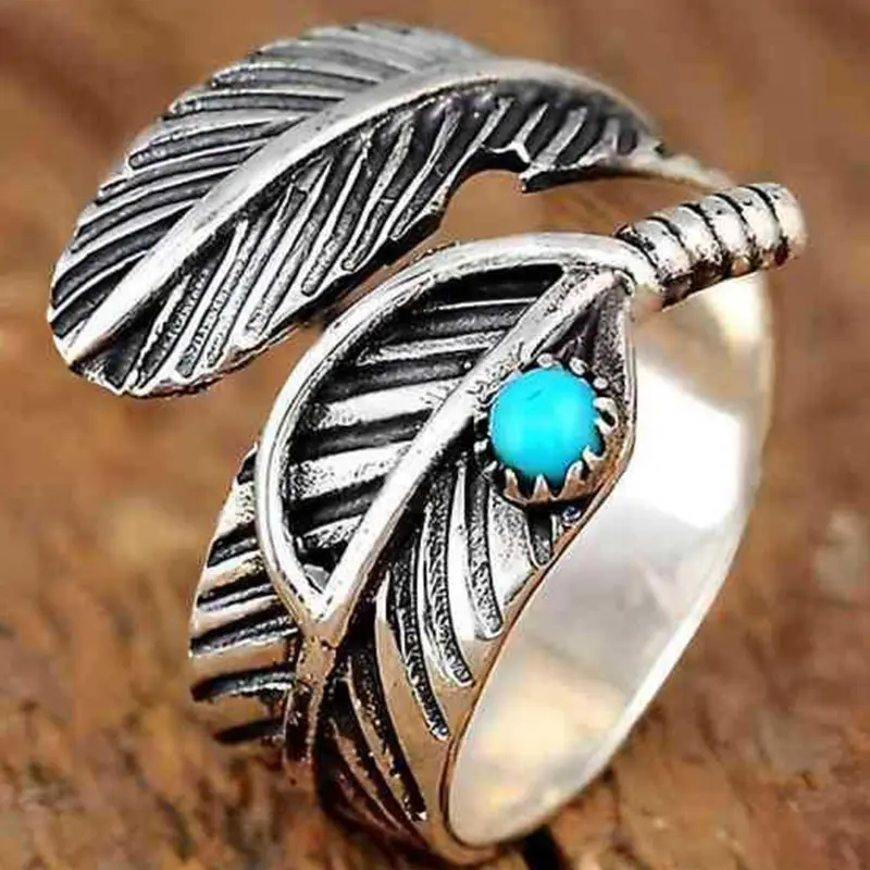 Vintage Feather Design Cuff Ring, Boho Style Turquoise Decor Adjustable Open Ring for Women & Men, Fashion Jewelry Accessories for Party, Daily Decor