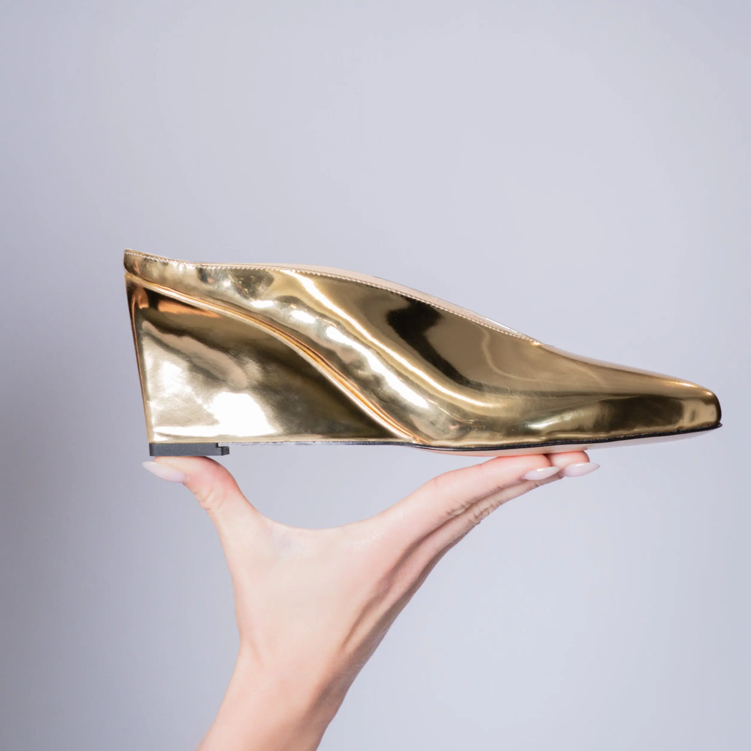 Women's Solaris Wedge Mule - Golden Mirror Leather Heeled Mules, Easy Slip-On High Platform Modern Casual Footwear, Easy Slip-On Mules