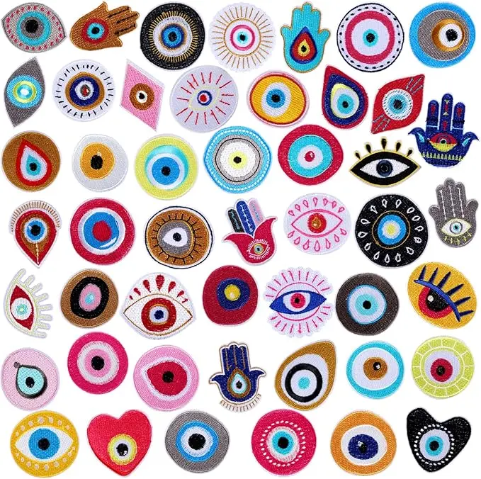 48 Pcs Evil Eye Embroidery Patches Hamsa Hand Heart Moon Sew on/Iron on Embroidered Applique Repair Patch DIY Craft Accessories Gifts for Clothing Jacket Jeans Backpack Hat (Bright Color)