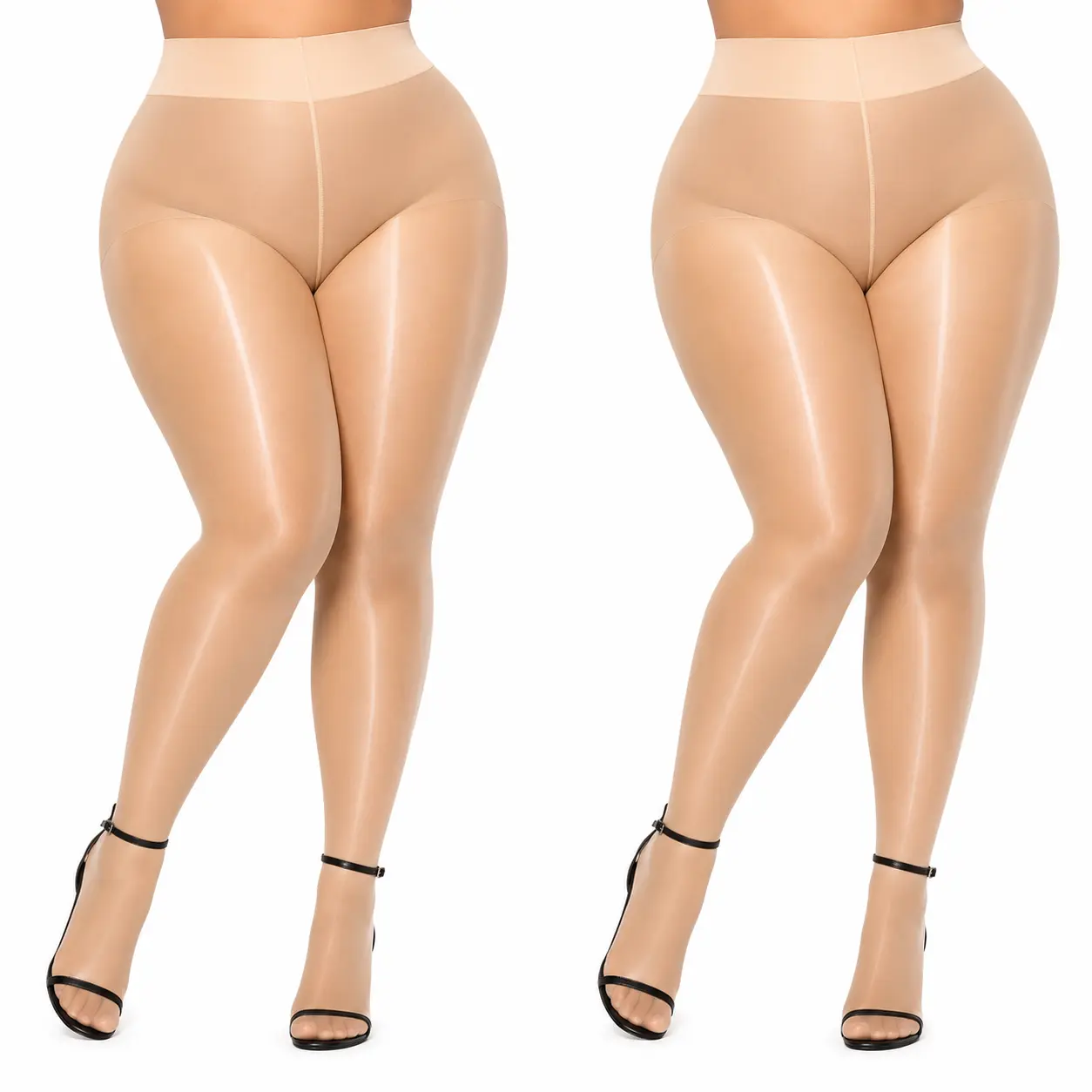 Women's 2-Pack Glossy Polyamide Pantyhose - Oil Shine Sheer Tights, Plain All-Seasons Holiday Wear for Plus Size, Nylon Fabric with M Fit