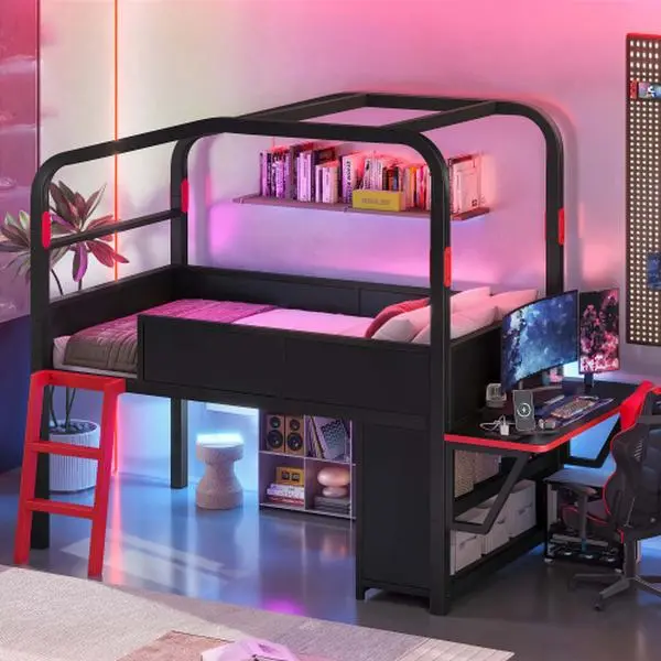 Bellemave Black Gaming Loft Bed - Low Loft Metal+MDF Bed Frame with Side Desk, USB Ports, LED Lights, Storage Cabinets, Chic Canopy (Twin/Full Sizes)