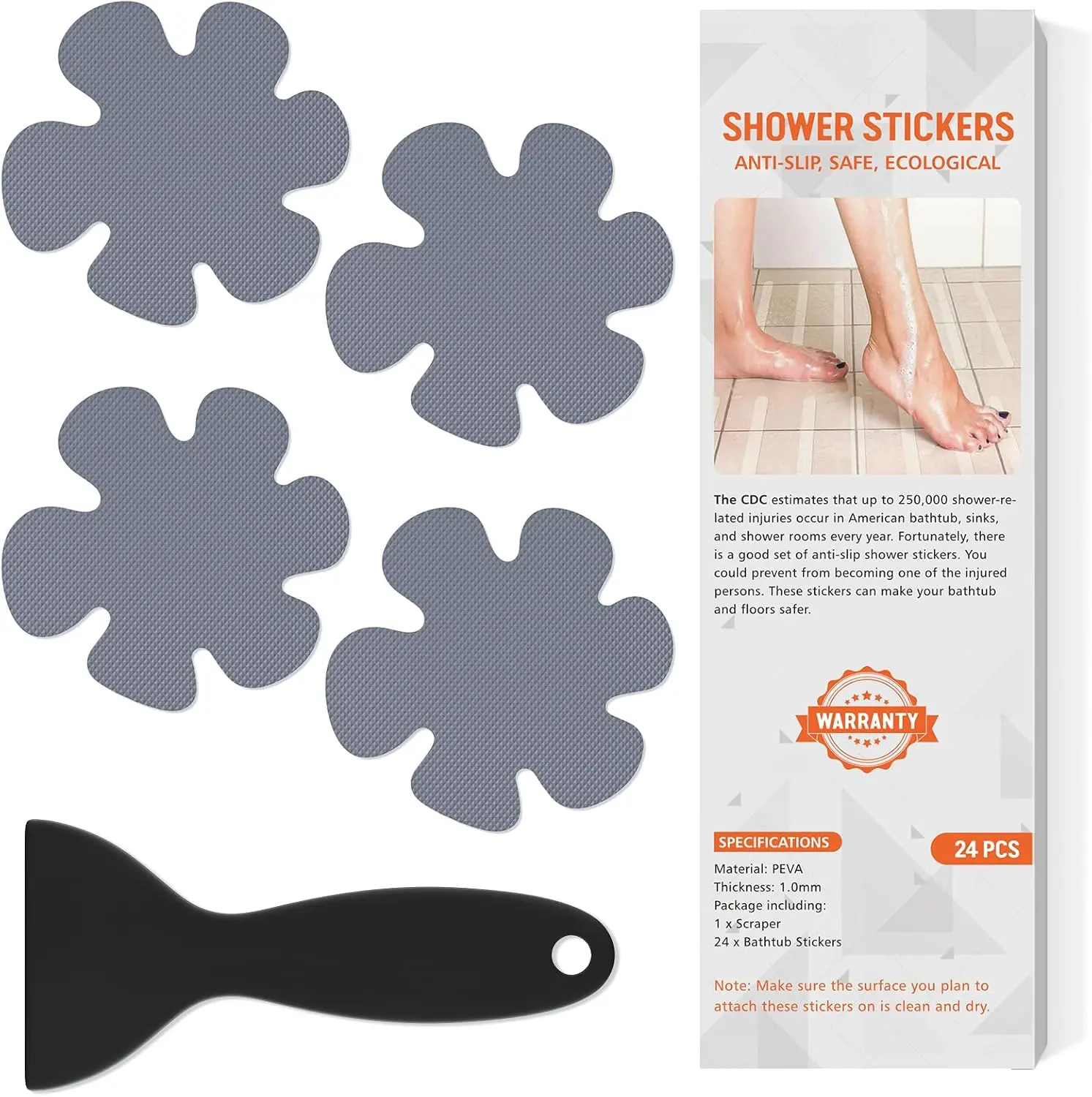Non Slip Bathtub Stickers, 24 count Shower Stickers for Safety Bathroom Tubs, Bathtub Non Slip-Sticker and Adhesive Decals Scraper for Bath Tub, Shower Floor, Stairs, Ladders(Flower Shape, Grey)